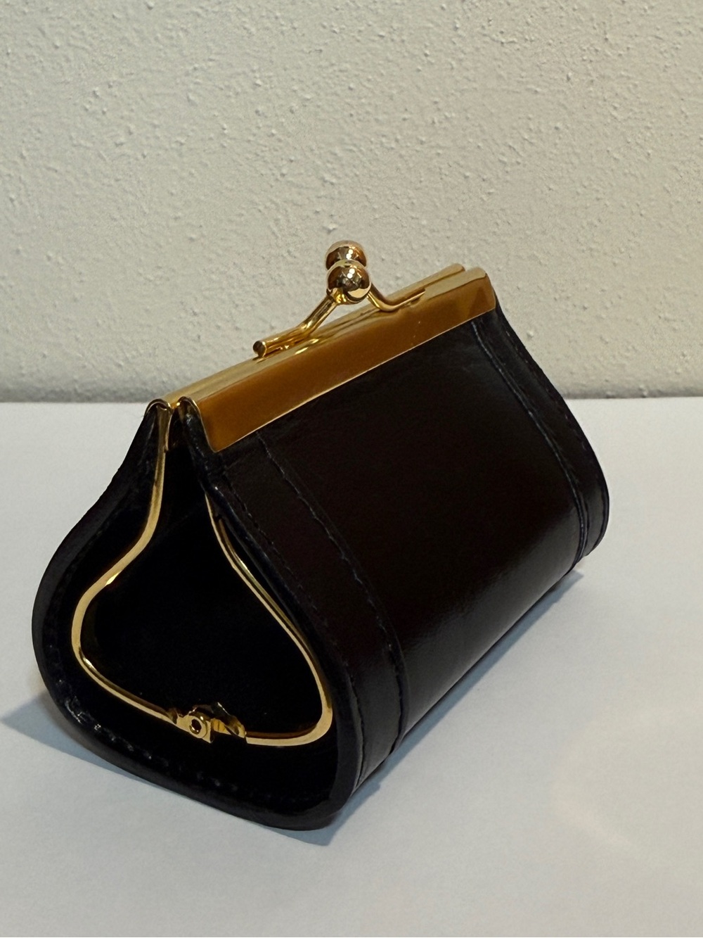 Vintage Black Leather Kiss-Lock Coin Purse with Gold Frame Made in Italy